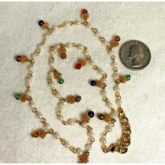 Gold Tone Necklace with Faux Seed Pearls and Multi-Color Beads - 17" Long - Picture 3 of 4